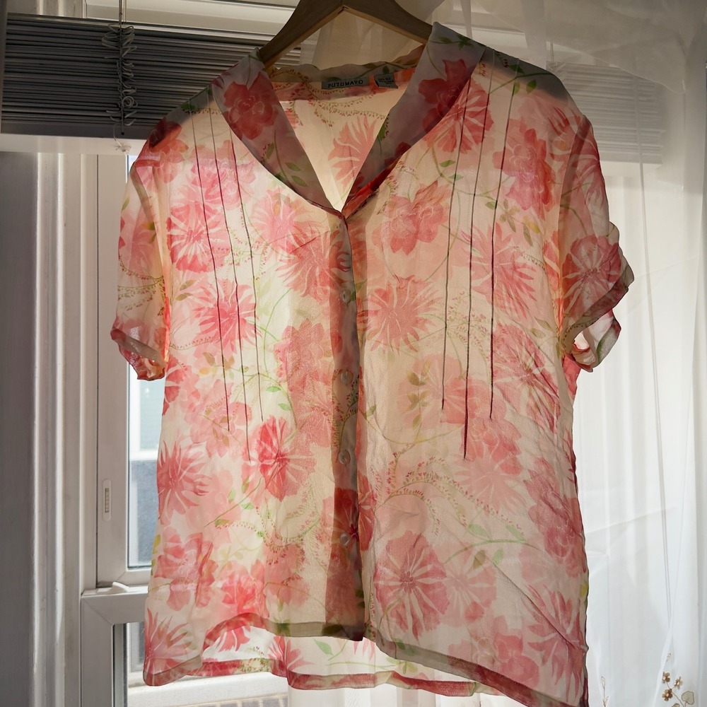 Pink Floral Silk Sheer Button Down Blouse Putumayo Pintuck Cottagecore Top Large